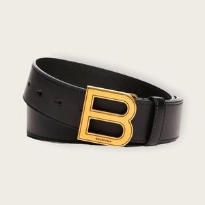 BALENCIAGA Men's Hourglass Aged Gold B-Buckle Leather Belt Black 42in/105cm NEW